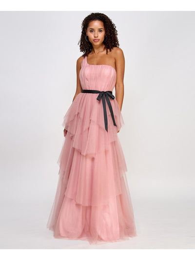 CITY STUDIO Womens Pink Zippered Ruffled Lined Belted Sleeveless Asymmetrical Neckline Full-Length Formal Gown Dress Juniors 7\8