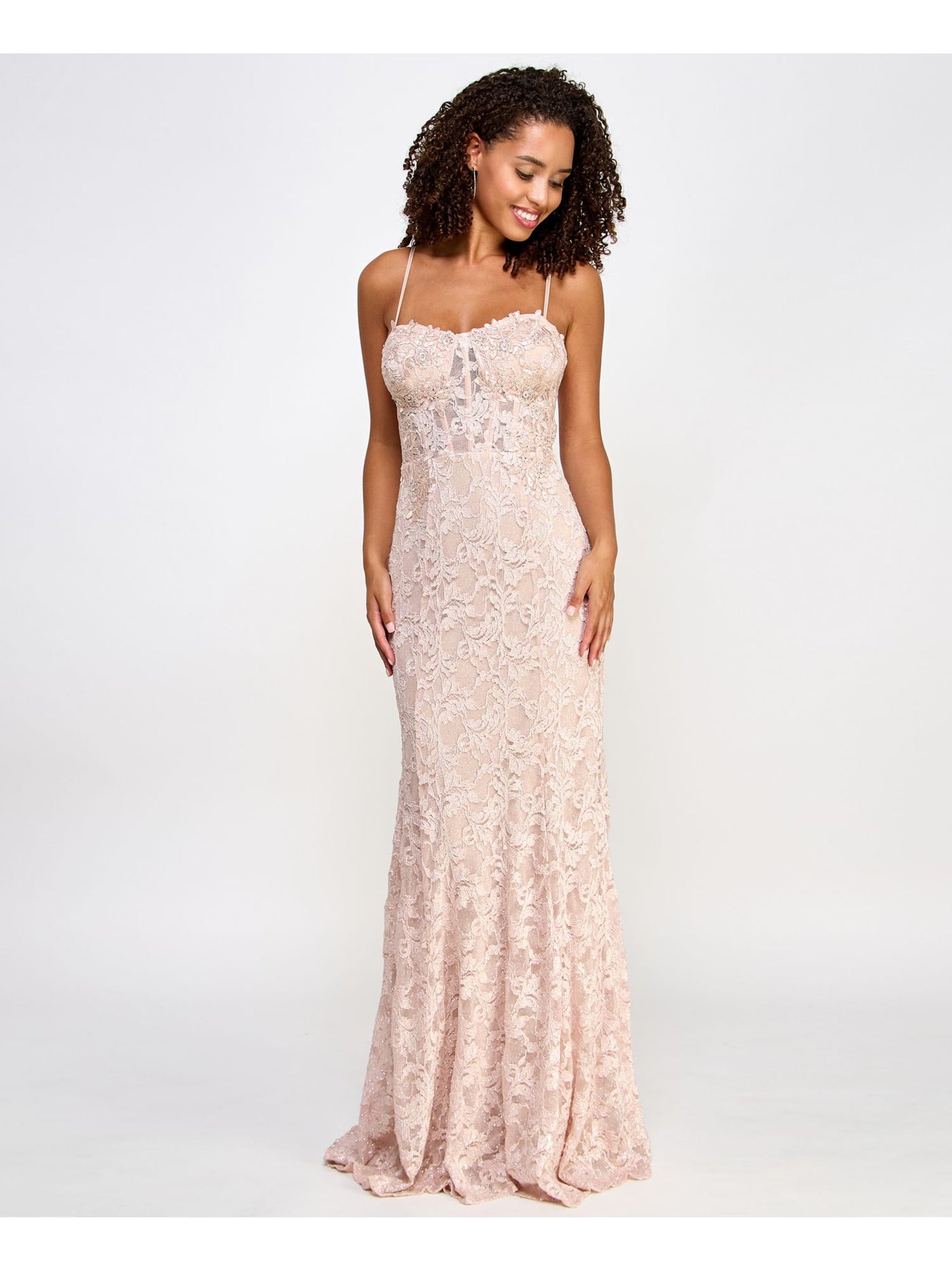 CITY STUDIO Womens Pink Embellished Zippered Glitter Sheer Lined Adjustable Spaghetti Strap Sweetheart Neckline Full-Length Formal Gown Dress Juniors 0