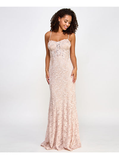 CITY STUDIO Womens Pink Embellished Zippered Glitter Sheer Lined Adjustable Spaghetti Strap Sweetheart Neckline Full-Length Formal Gown Dress Juniors 0