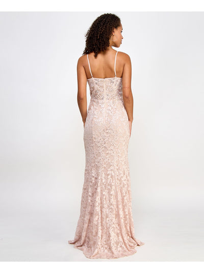 CITY STUDIO Womens Pink Embellished Zippered Glitter Sheer Lined Adjustable Spaghetti Strap Sweetheart Neckline Full-Length Formal Gown Dress Juniors 0