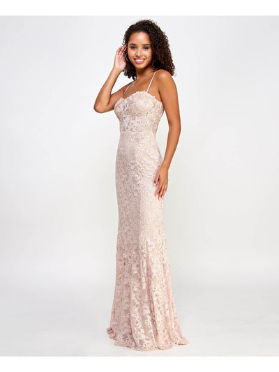 CITY STUDIO Womens Pink Embellished Zippered Glitter Sheer Lined Adjustable Spaghetti Strap Sweetheart Neckline Full-Length Formal Gown Dress Juniors 0