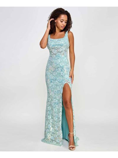 CITY STUDIO Womens Aqua Zippered Slitted Sheer Corset Boned Midriff Lined Sleeveless Square Neck Full-Length Prom Gown Dress Juniors 7\8