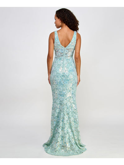 CITY STUDIO Womens Aqua Zippered Slitted Sheer Corset Boned Midriff Lined Sleeveless Square Neck Full-Length Prom Gown Dress Juniors 7\8