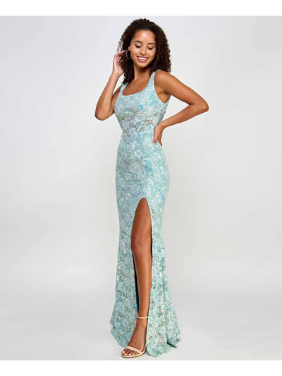 CITY STUDIO Womens Aqua Zippered Slitted Sheer Corset Boned Midriff Lined Sleeveless Square Neck Full-Length Prom Gown Dress Juniors 7\8