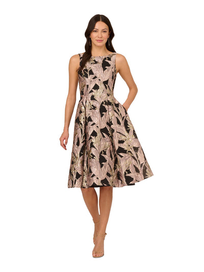 ADRIANNA PAPELL Womens Black Metallic Zippered Lined V-back Princess Pleats Sleeveless Boat Neck Knee Length Party Fit + Flare Dress 2