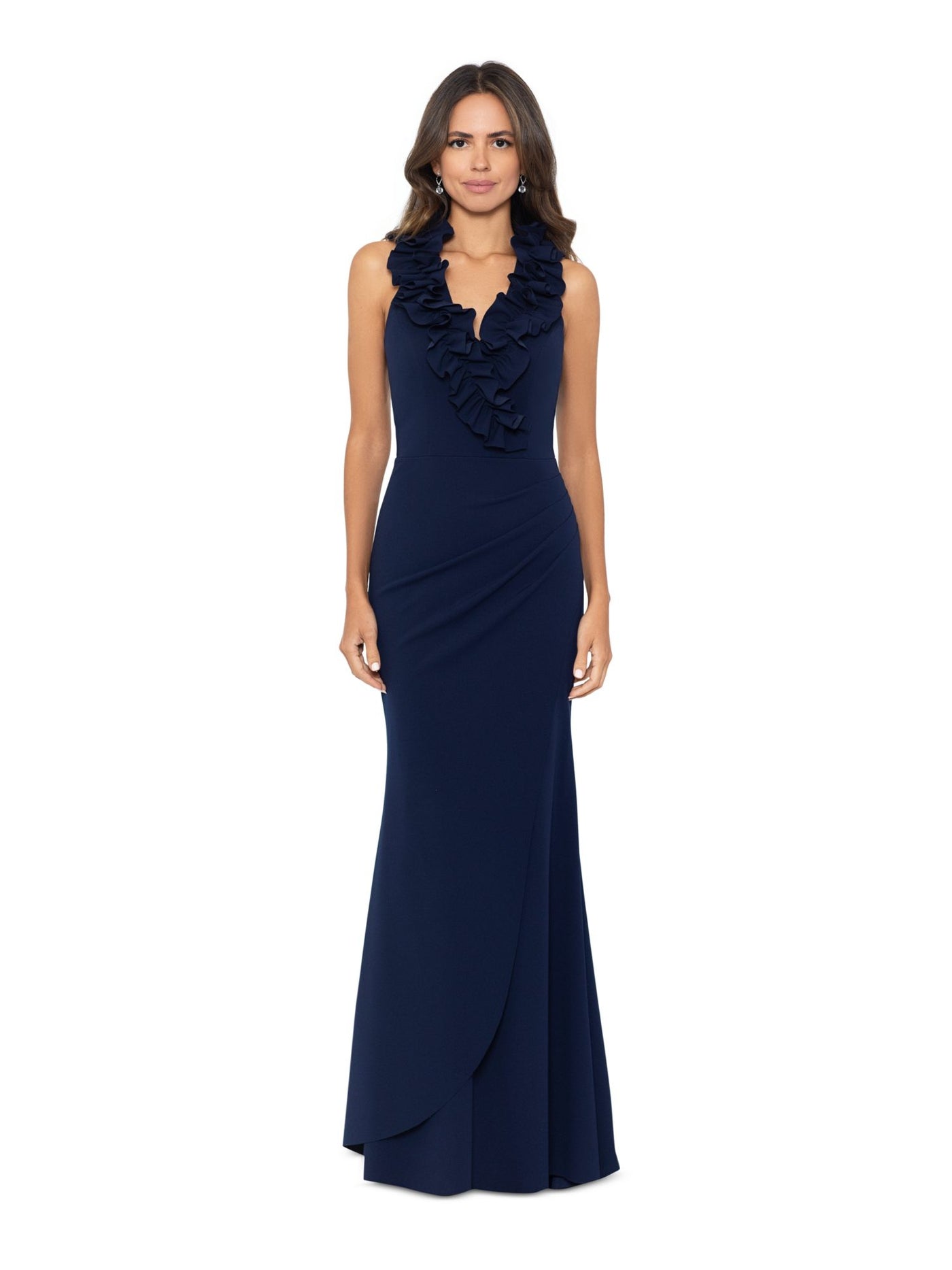 XSCAPE Womens Navy Ruffled Zippered Ruched Front Overlay Lined Sleeveless V Neck Full-Length Formal Gown Dress Petites 8P