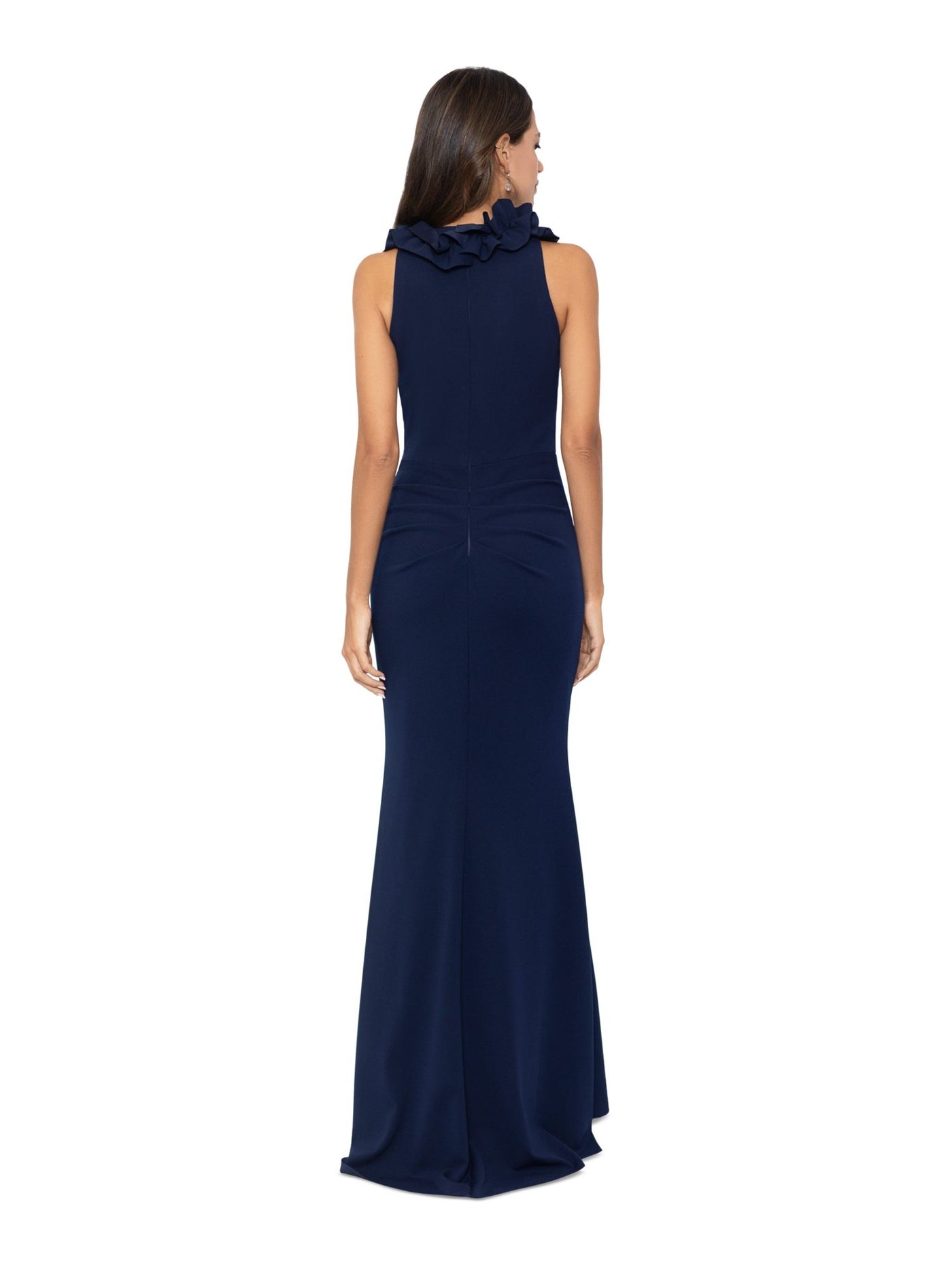 XSCAPE Womens Navy Ruffled Zippered Ruched Front Overlay Lined Sleeveless V Neck Full-Length Formal Gown Dress Petites 12P