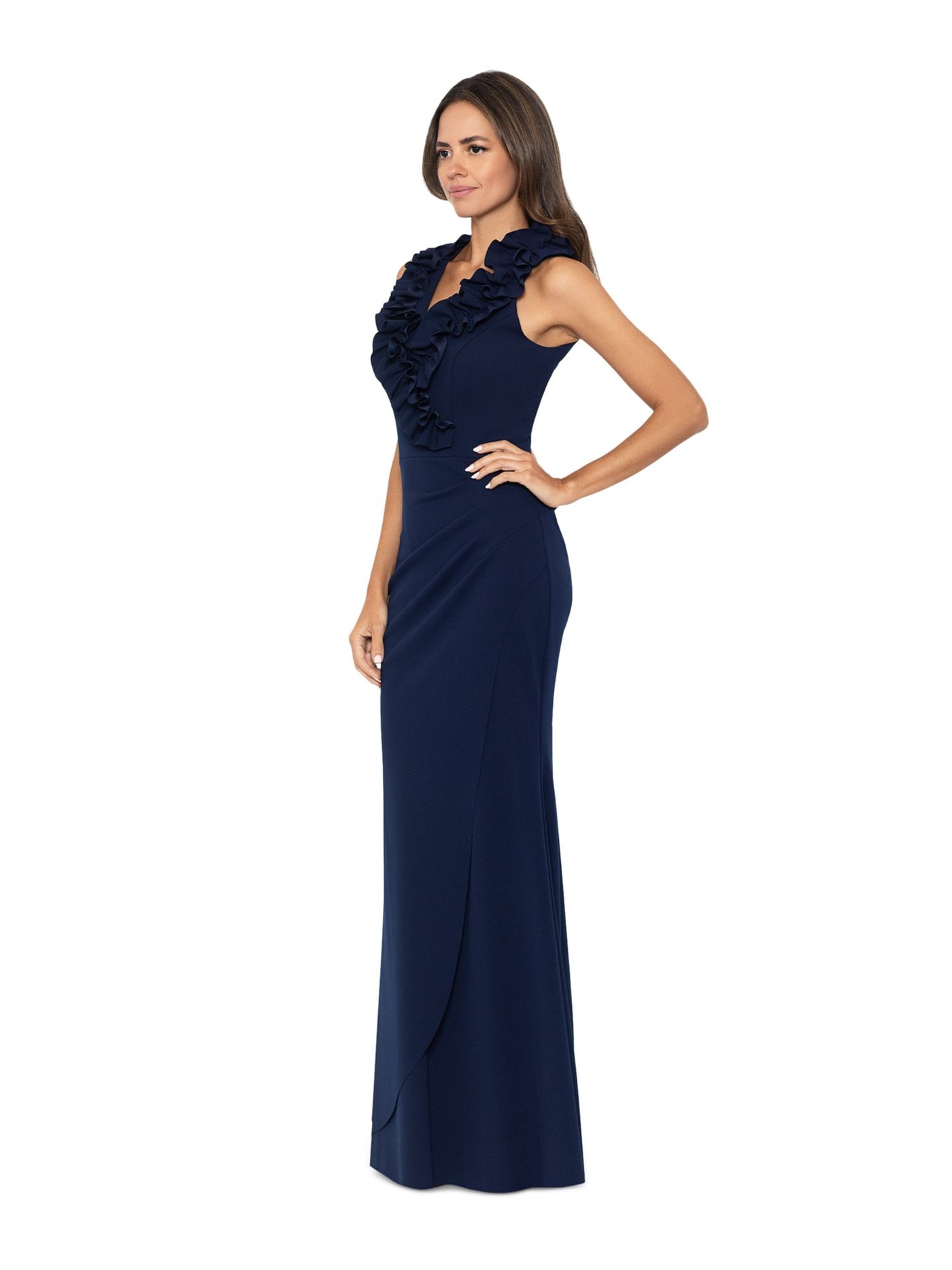 XSCAPE Womens Navy Ruffled Zippered Ruched Front Overlay Lined Sleeveless V Neck Full-Length Formal Gown Dress Petites 8P