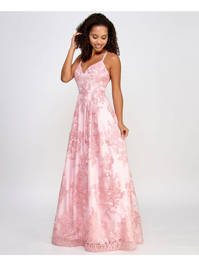 BCX DRESS Womens Pink Adjustable Sequined Embroidered Lined Lace Zippered Spaghetti Strap V Neck Full-Length Formal Fit + Flare Dress 1