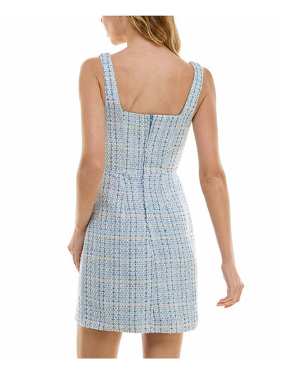 CITY STUDIO Womens Light Blue Zippered Lined Button Accents Metallic Detail Sleeveless Square Neck Short Party Sheath Dress Juniors 15\16