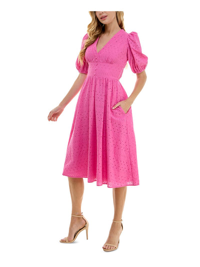 CITY STUDIO Womens Pink Eyelet Lined Front Button Closure Pouf Sleeve V Neck Midi Party Fit + Flare Dress Juniors L