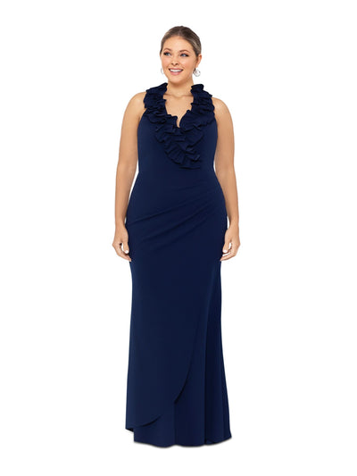 XSCAPE Womens Navy Zippered Ruffled Faux Wrap Rouched Sleeveless V Neck Full-Length Evening Gown Dress Plus 16W