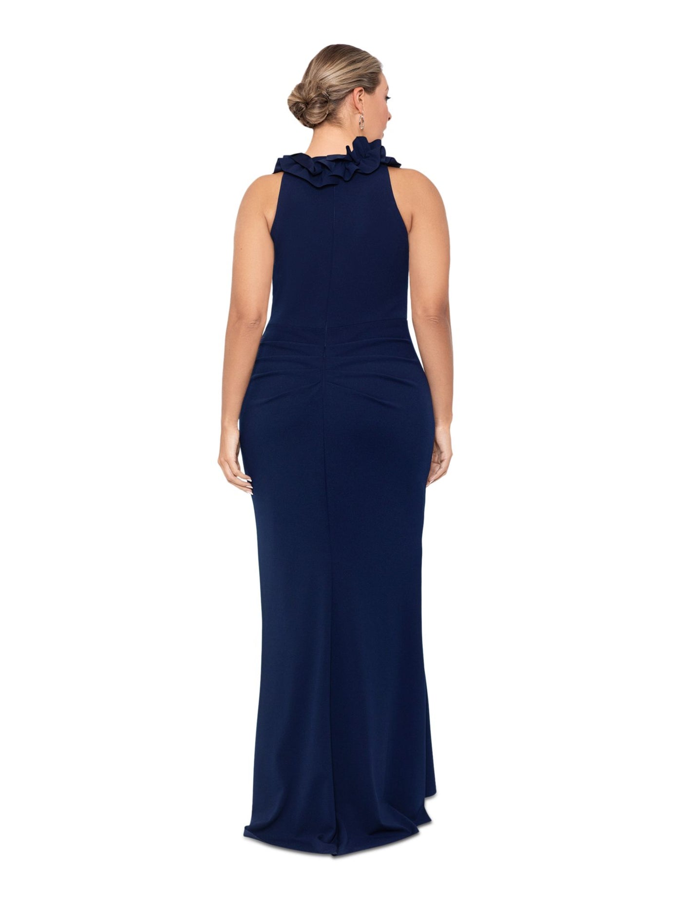 XSCAPE Womens Navy Zippered Ruffled Faux Wrap Rouched Sleeveless V Neck Full-Length Evening Gown Dress Plus 16W