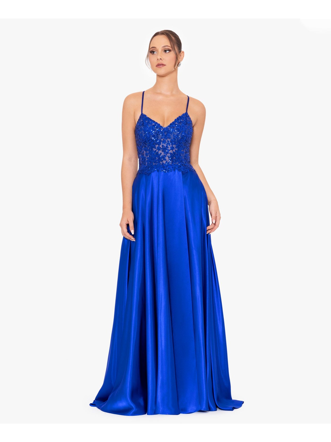 BLONDIE NITES Womens Blue Zippered Pocketed Lace-up Back Faux-wrap Skirt Spaghetti Strap V Neck Full-Length Prom Gown Dress Juniors 1