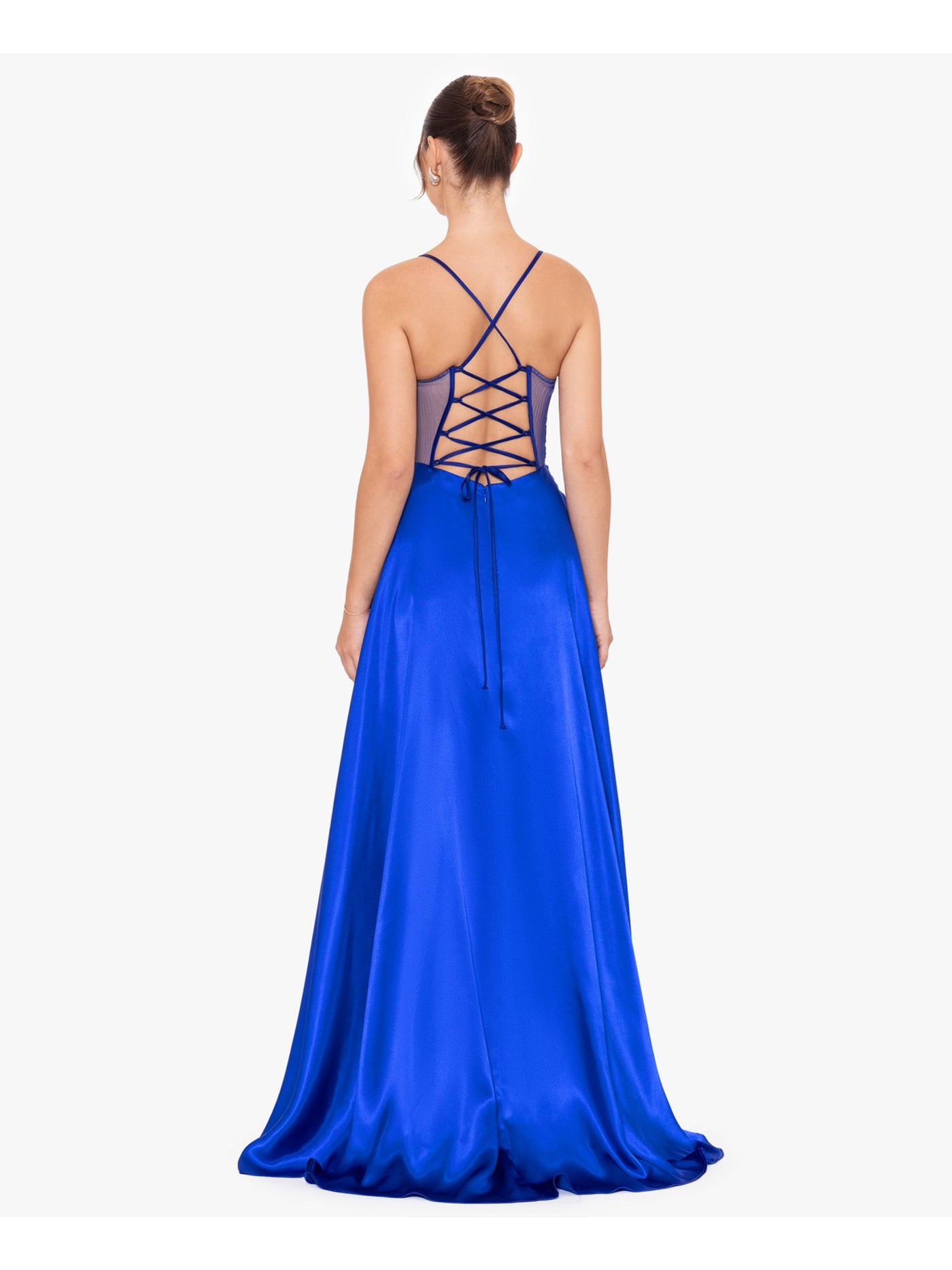BLONDIE NITES Womens Blue Zippered Pocketed Lace-up Back Faux-wrap Skirt Spaghetti Strap V Neck Full-Length Prom Gown Dress Juniors 1