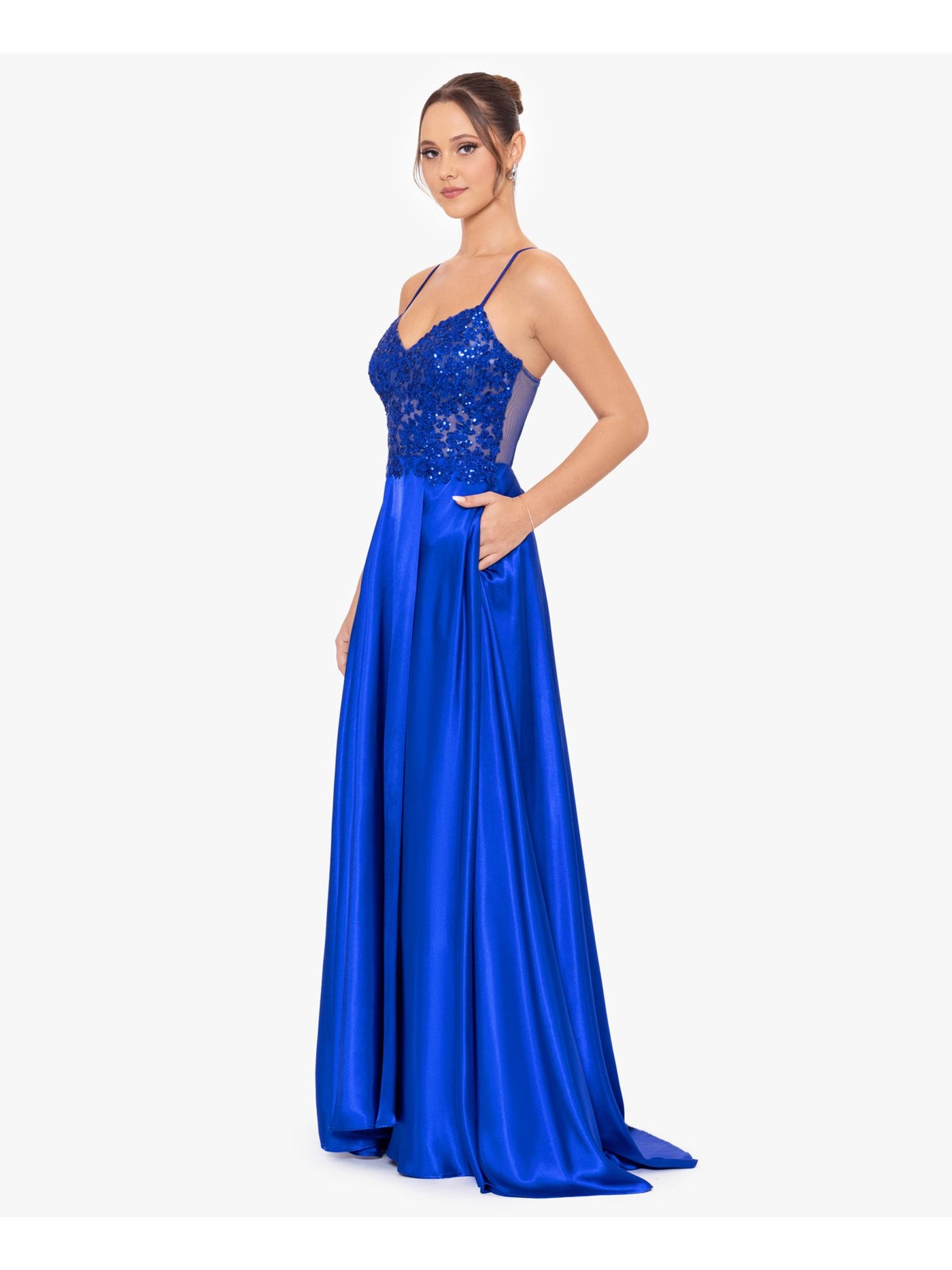 BLONDIE NITES Womens Blue Zippered Pocketed Lace-up Back Faux-wrap Skirt Spaghetti Strap V Neck Full-Length Prom Gown Dress Juniors 1