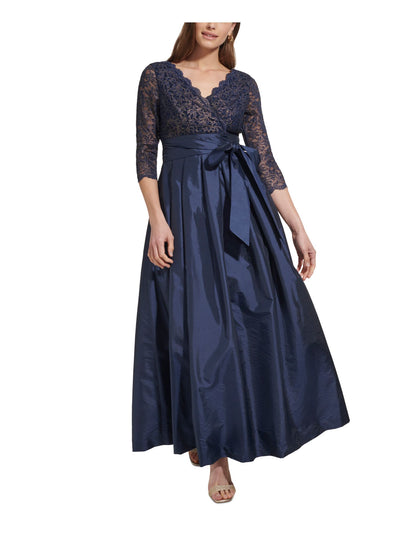 JESSICA HOWARD Womens Navy Zippered Pocketed Pleated Tie-belt Lined 3/4 Sleeve Surplice Neckline Full-Length Formal Fit + Flare Dress 8