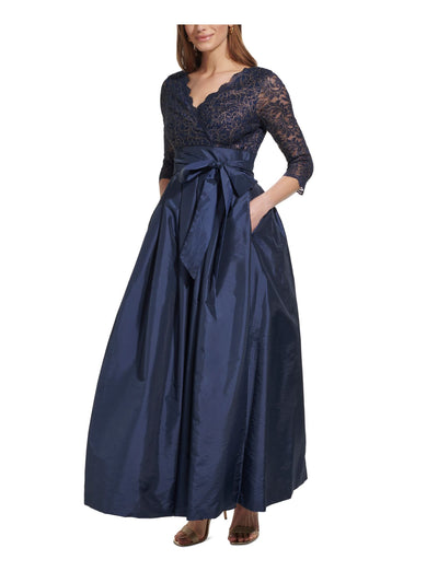 JESSICA HOWARD Womens Navy Zippered Pocketed Pleated Tie-belt Lined 3/4 Sleeve Surplice Neckline Full-Length Formal Fit + Flare Dress 8