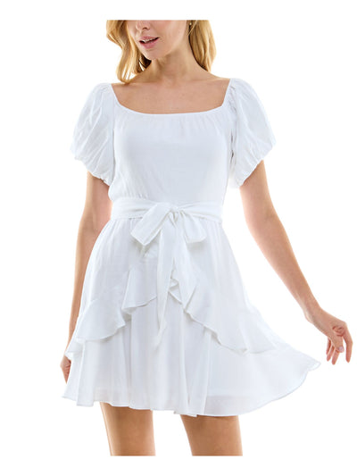 TRIXXI Womens White Zippered Lined Belted Tiered Ruffle Hem Pouf Sleeve Square Neck Short Fit + Flare Dress Juniors S