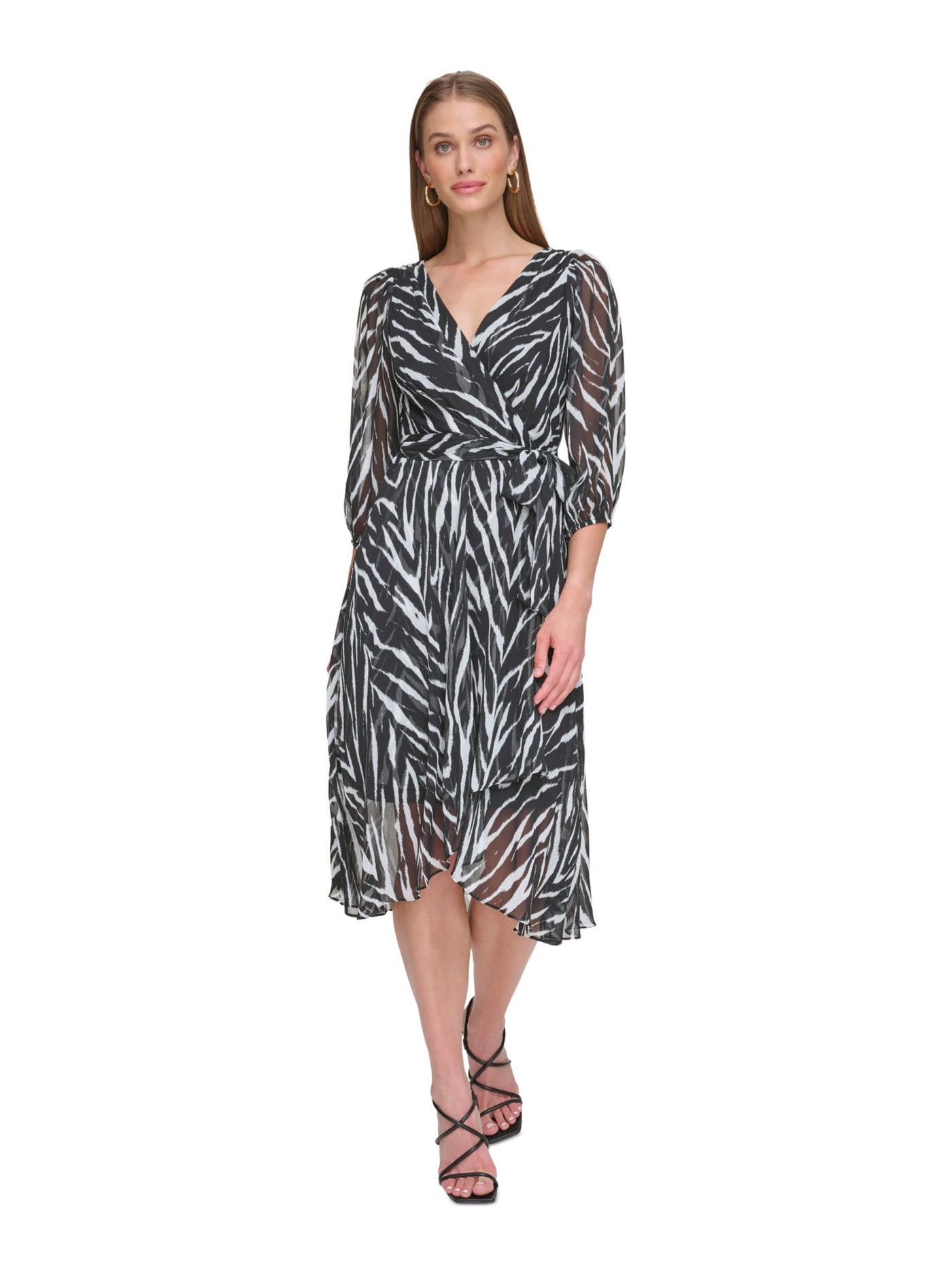 DKNY Womens Black Zippered Lined Self-tie Belt Animal Print 3/4 Sleeve Surplice Neckline Midi Party Faux Wrap Dress 10