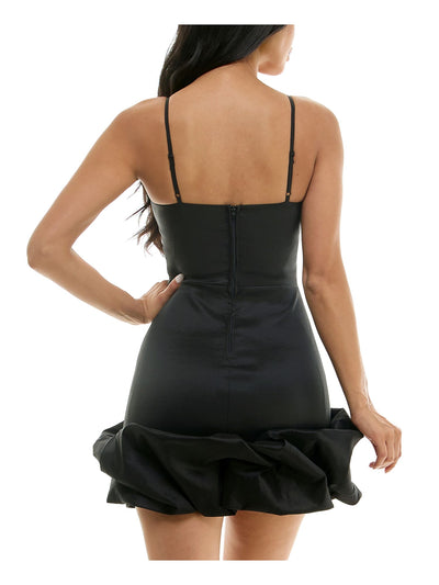 B DARLIN Womens Black Zippered Lined Bubble Hem Spaghetti Strap Sweetheart Neckline Short Party Body Con Dress Juniors 3\4
