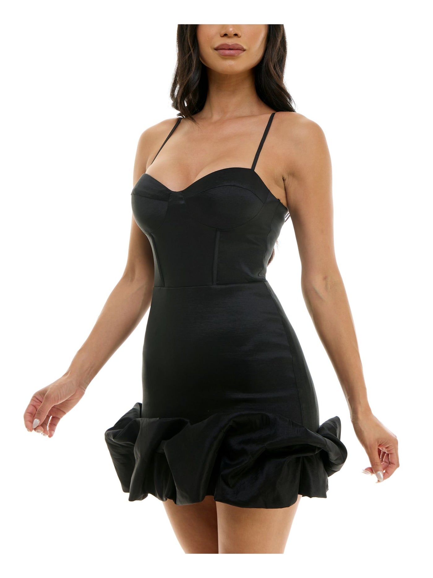 B DARLIN Womens Black Zippered Lined Bubble Hem Spaghetti Strap Sweetheart Neckline Short Party Body Con Dress Juniors 3\4