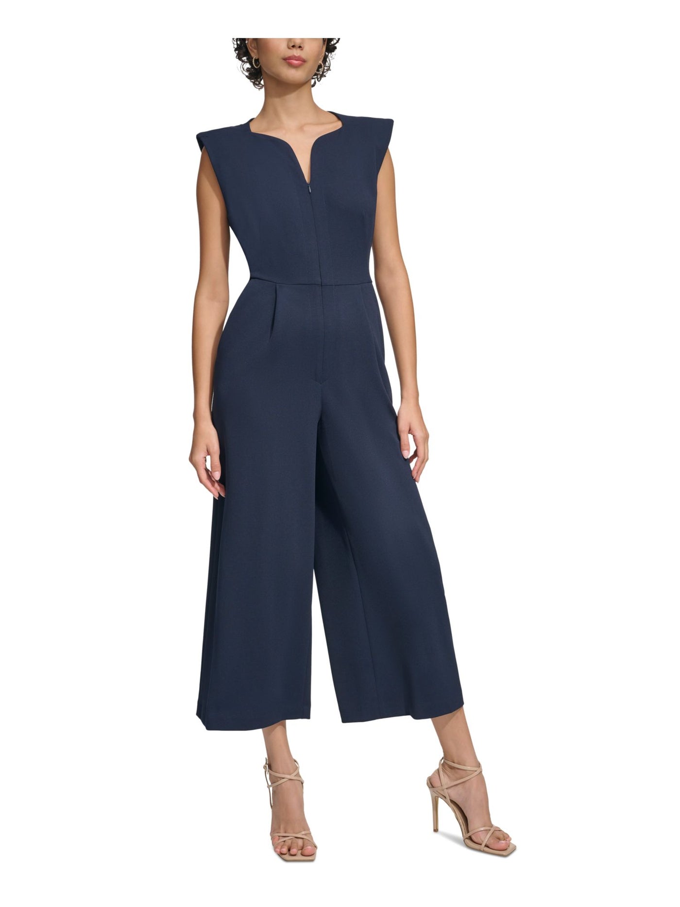 CALVIN KLEIN Womens Navy Zippered Pocketed Shoulder Pads Cropped Cap Sleeve V Neck Wear To Work Wide Leg Jumpsuit 2