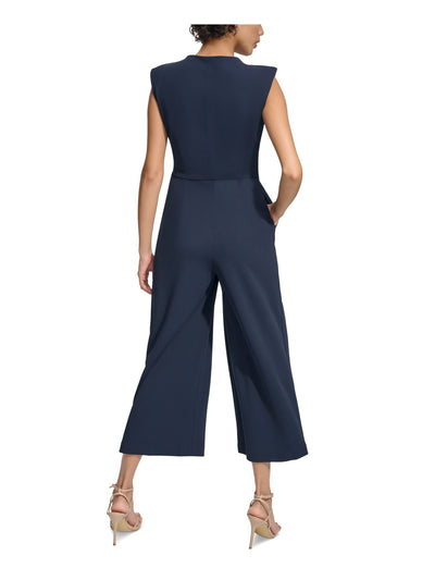 CALVIN KLEIN Womens Navy Zippered Pocketed Shoulder Pads Cropped Cap Sleeve V Neck Wear To Work Wide Leg Jumpsuit 12