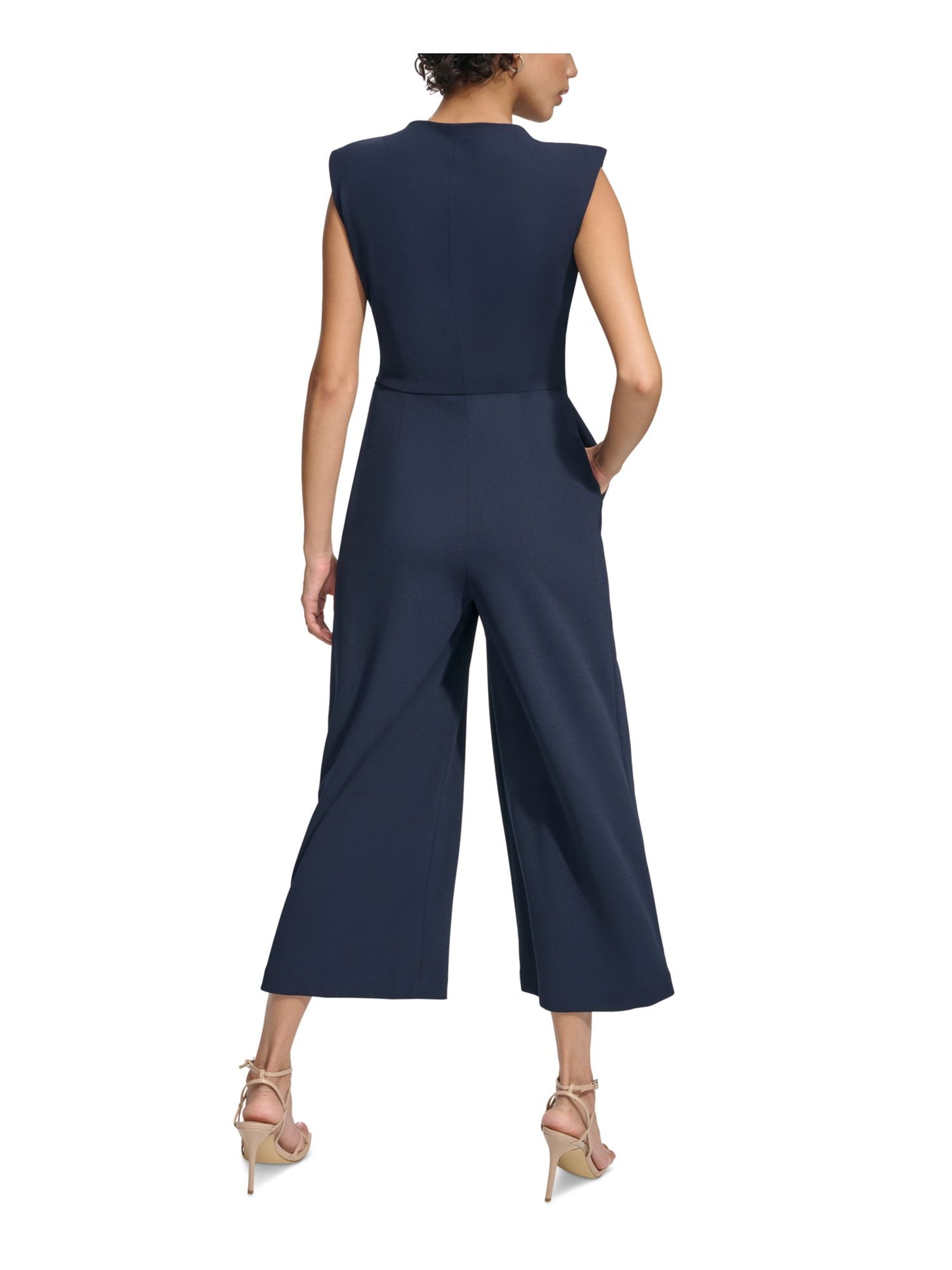 CALVIN KLEIN Womens Navy Zippered Pocketed Shoulder Pads Cropped Cap Sleeve V Neck Wear To Work Wide Leg Jumpsuit 2