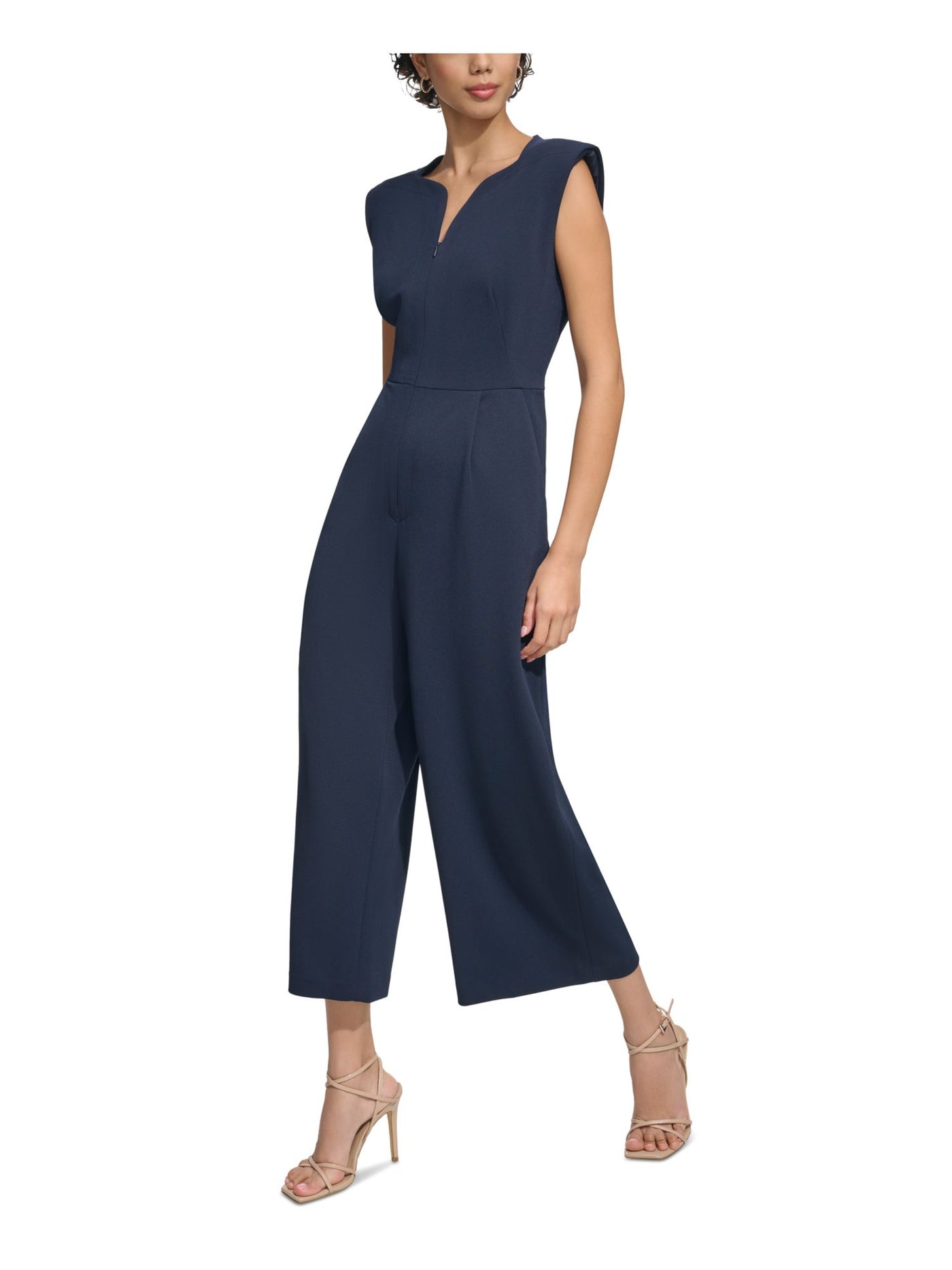 CALVIN KLEIN Womens Navy Zippered Pocketed Shoulder Pads Cropped Cap Sleeve V Neck Wear To Work Wide Leg Jumpsuit 12