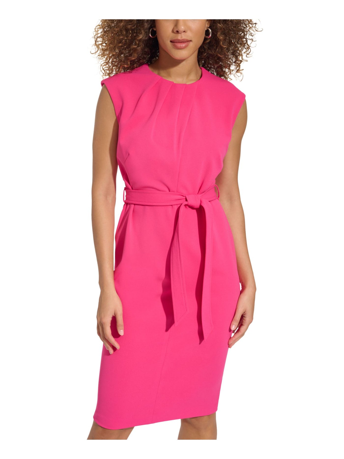 CALVIN KLEIN Womens Pink Pleated Zippered Self-tie Belt Cap Sleeve Jewel Neck Knee Length Wear To Work Sheath Dress 4