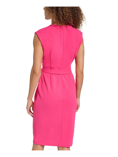 CALVIN KLEIN Womens Pink Pleated Zippered Self-tie Belt Cap Sleeve Jewel Neck Knee Length Wear To Work Sheath Dress 12