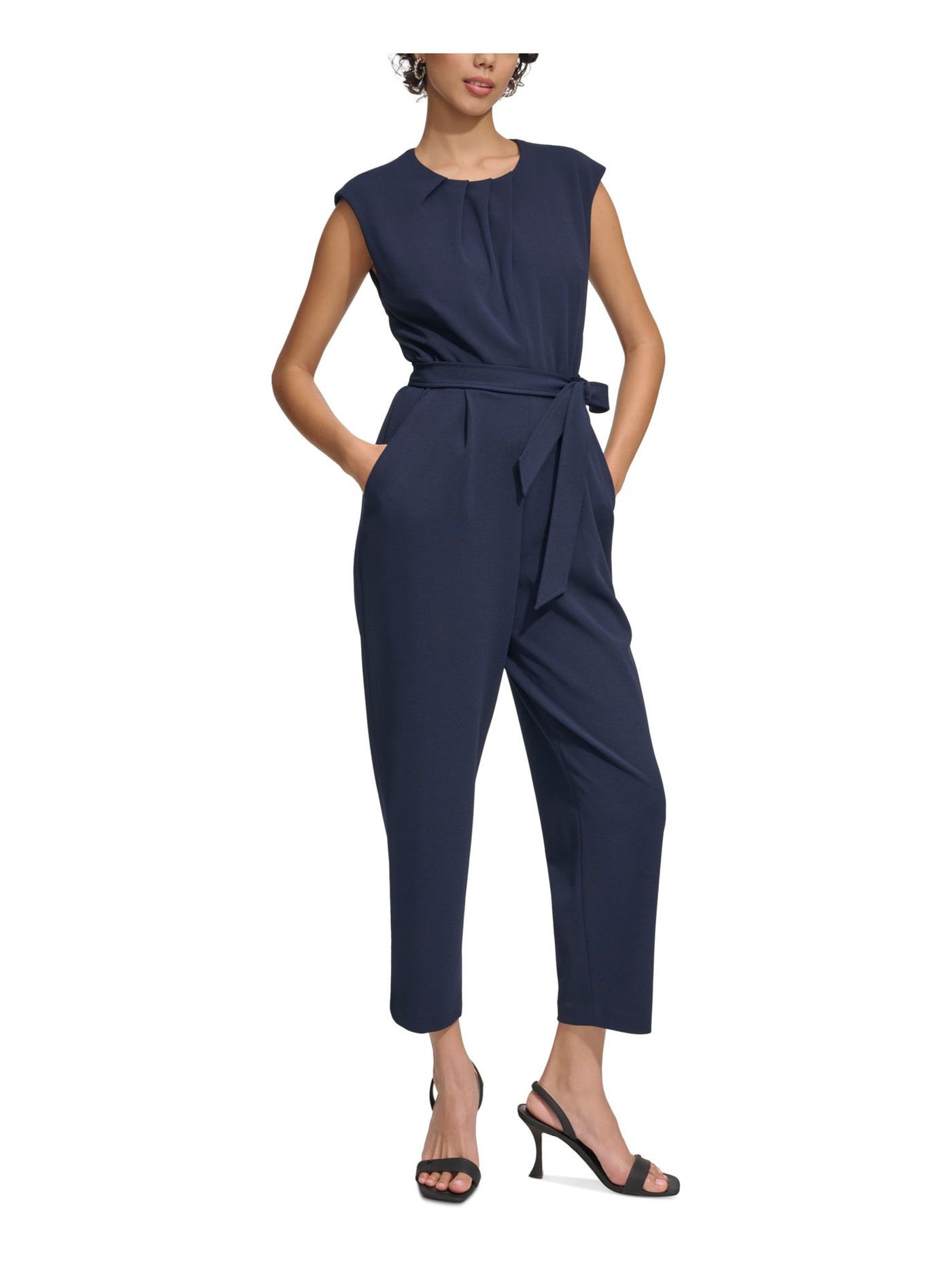 CALVIN KLEIN Womens Navy Pleated Zippered Pocketed Tie-belt Sleeveless Jewel Neck Wear To Work Cropped Jumpsuit 16