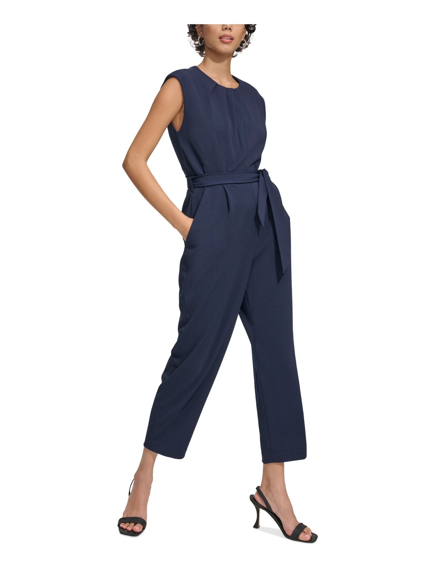 CALVIN KLEIN Womens Navy Pleated Zippered Pocketed Tie-belt Sleeveless Jewel Neck Wear To Work Cropped Jumpsuit 16