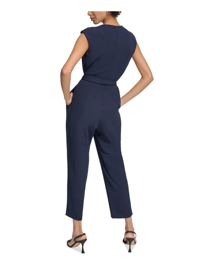 CALVIN KLEIN Womens Navy Pleated Zippered Pocketed Tie-belt Sleeveless Jewel Neck Wear To Work Cropped Jumpsuit 16