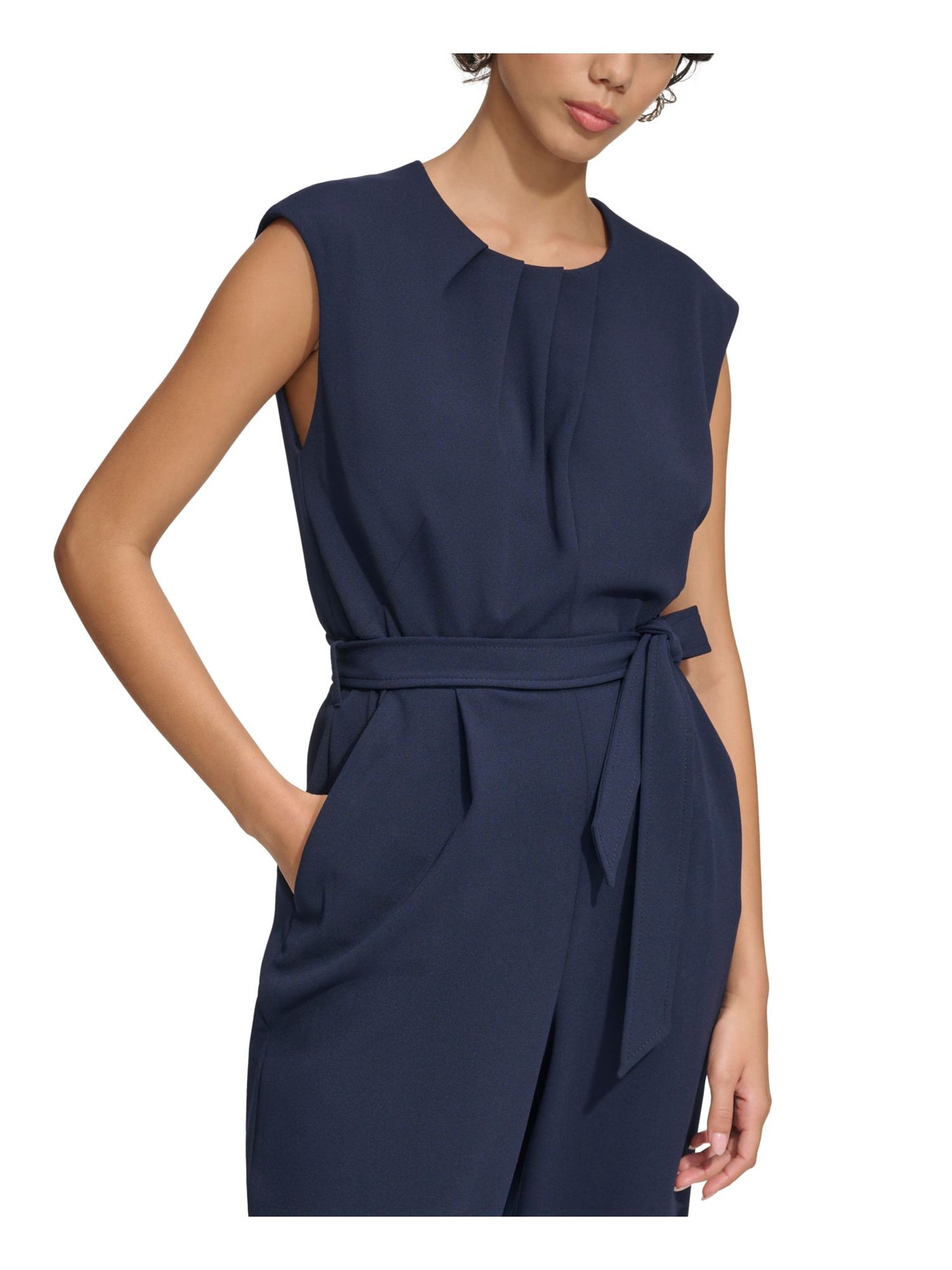 CALVIN KLEIN Womens Navy Pleated Zippered Pocketed Tie-belt Sleeveless Jewel Neck Wear To Work Cropped Jumpsuit 2