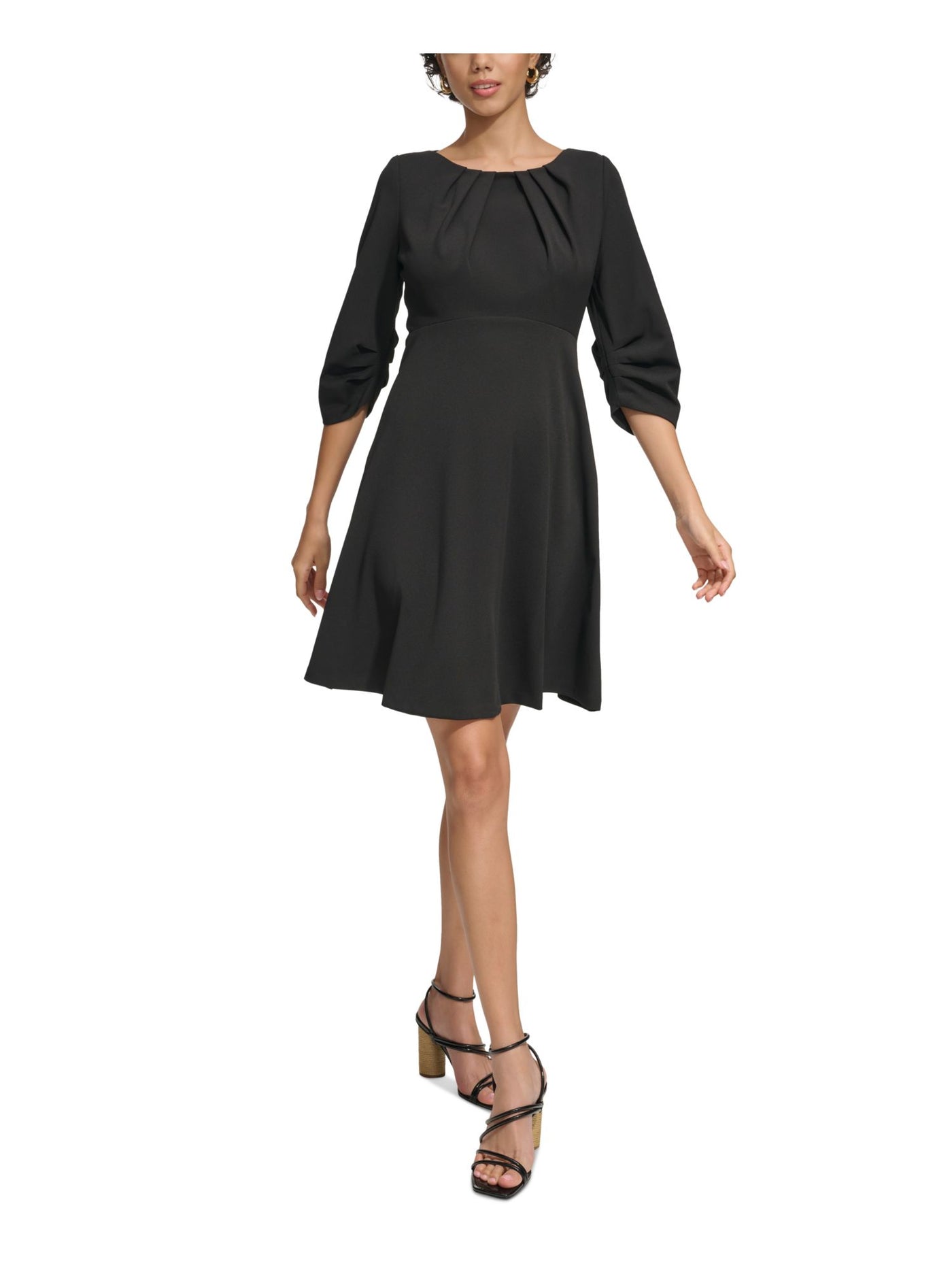 CALVIN KLEIN Womens Black Pleated Zippered Ruched 3/4-sleeve Lined Round Neck Above The Knee Party Fit + Flare Dress 10