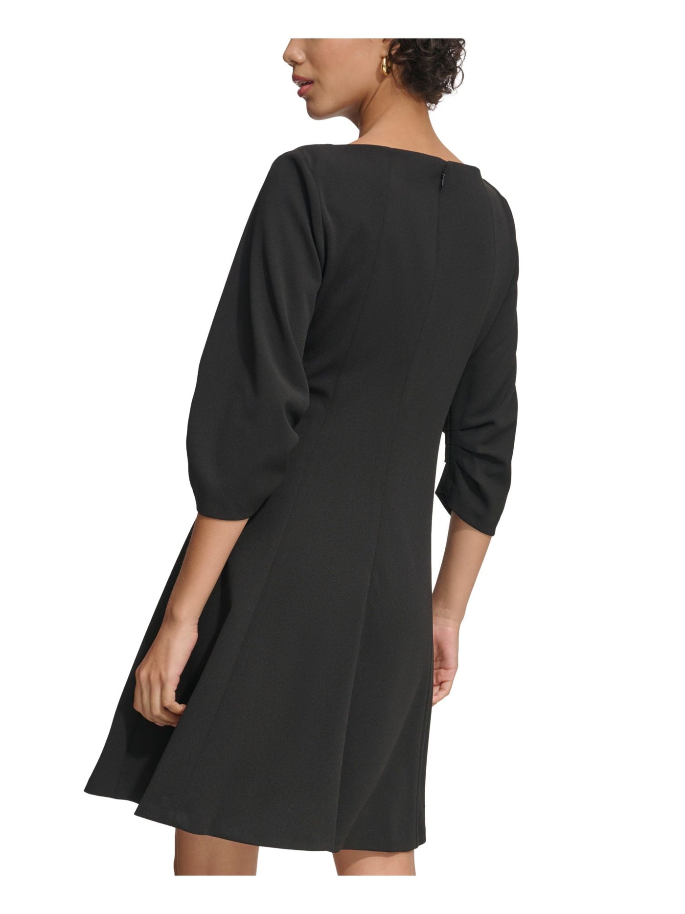 CALVIN KLEIN Womens Black Pleated Zippered Ruched 3/4-sleeve Lined Round Neck Above The Knee Party Fit + Flare Dress 10