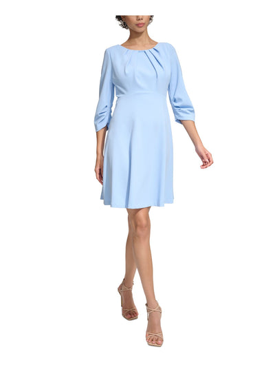 CALVIN KLEIN Womens Light Blue Ruched Zippered Lined 3/4 Sleeve Round Neck Above The Knee Wear To Work Fit + Flare Dress 4