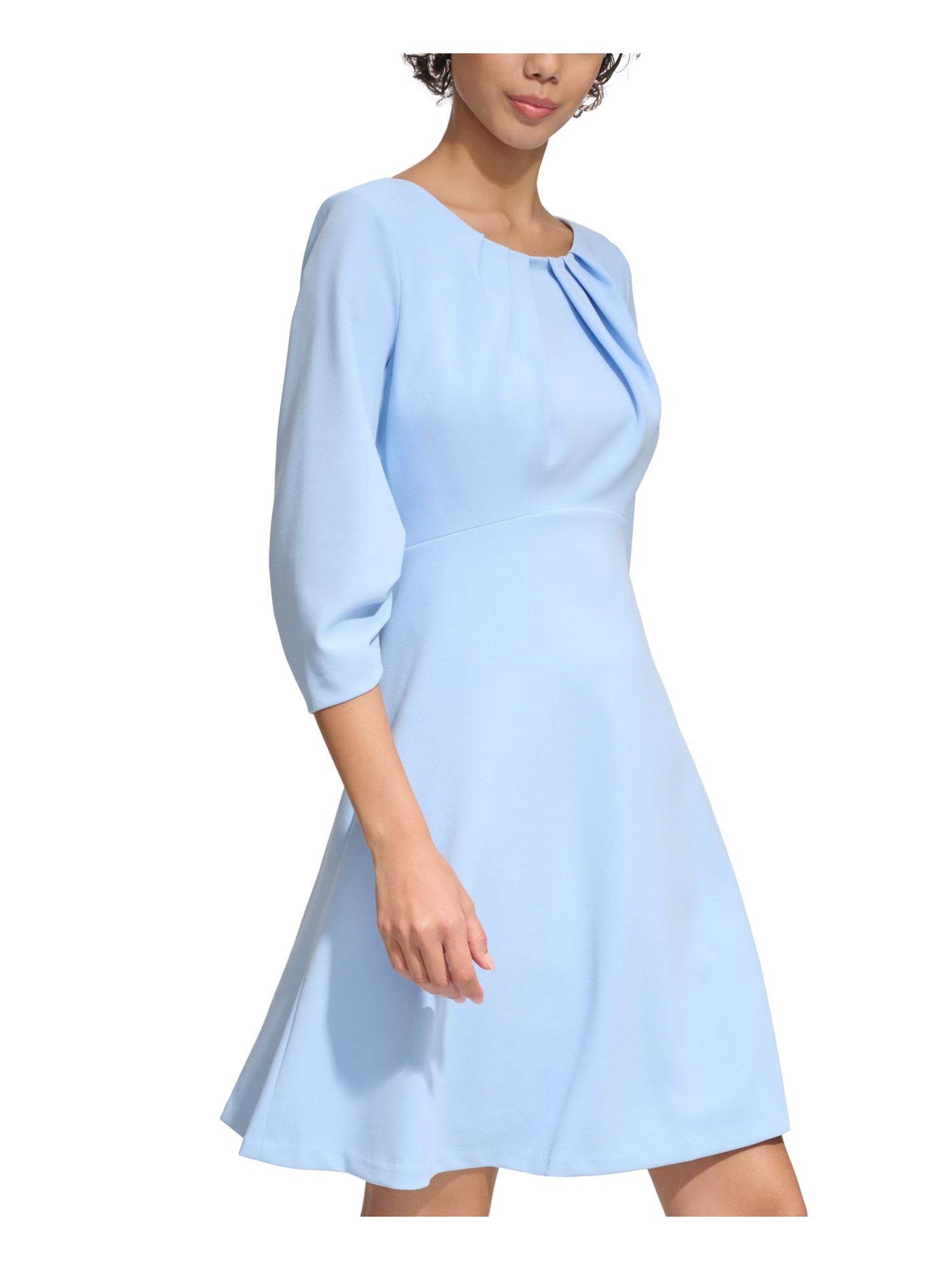 CALVIN KLEIN Womens Light Blue Ruched Zippered Lined 3/4 Sleeve Round Neck Above The Knee Wear To Work Fit + Flare Dress 4