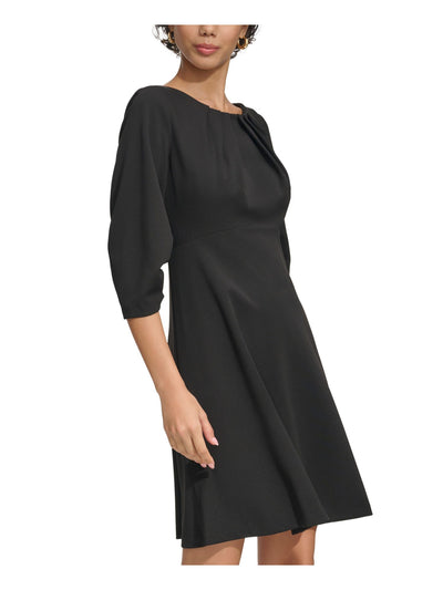 CALVIN KLEIN Womens Black Pleated Zippered Ruched 3/4-sleeve Lined Round Neck Above The Knee Party Fit + Flare Dress 10