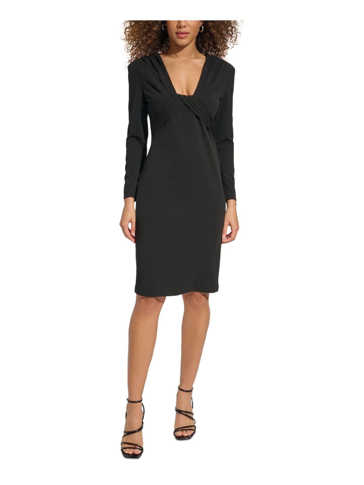 CALVIN KLEIN Womens Black Pleated Zippered Back Split Hem Long Sleeve V Neck Knee Length Party Sheath Dress 8
