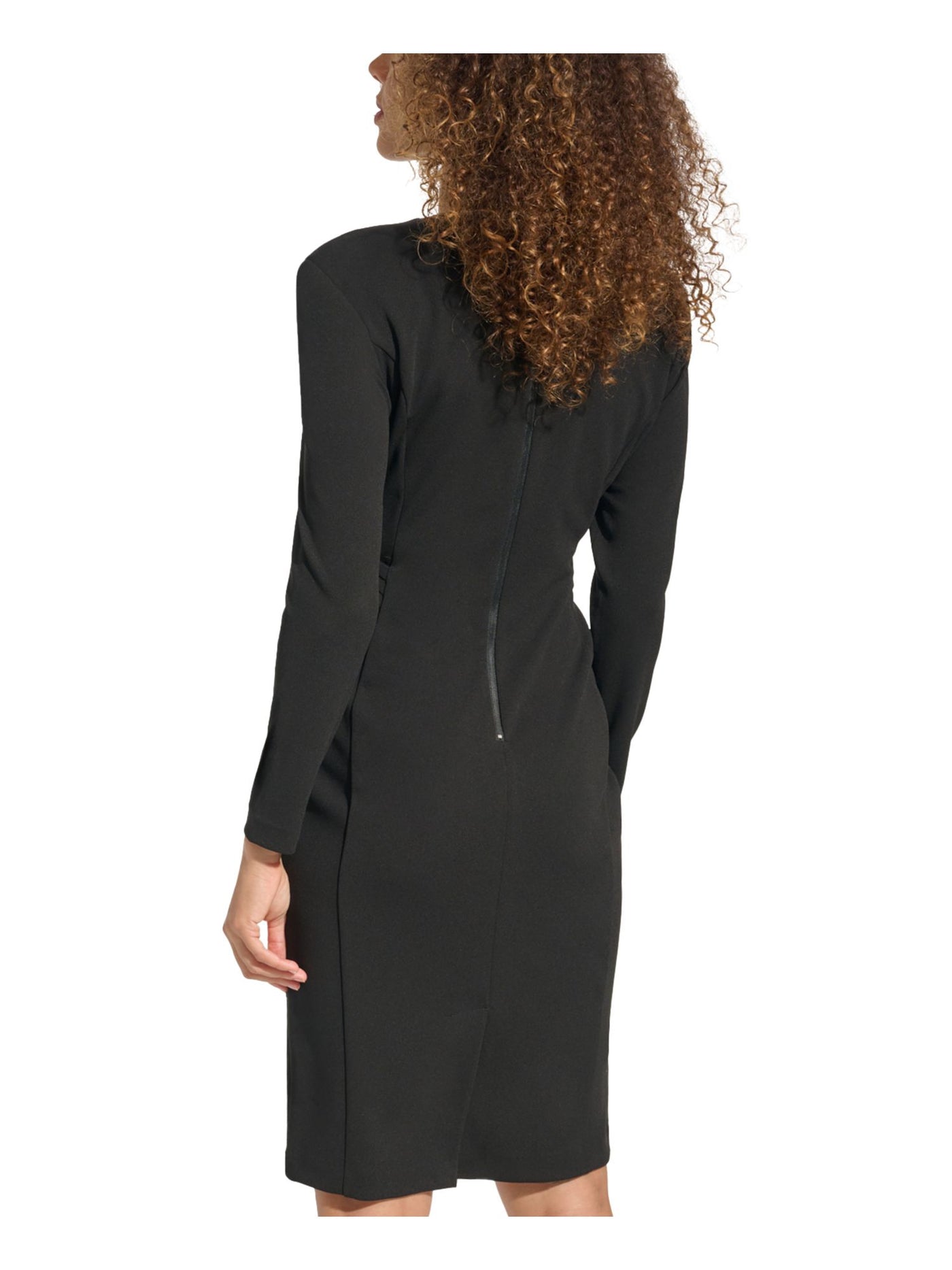CALVIN KLEIN Womens Black Pleated Zippered Back Split Hem Long Sleeve V Neck Knee Length Party Sheath Dress 8