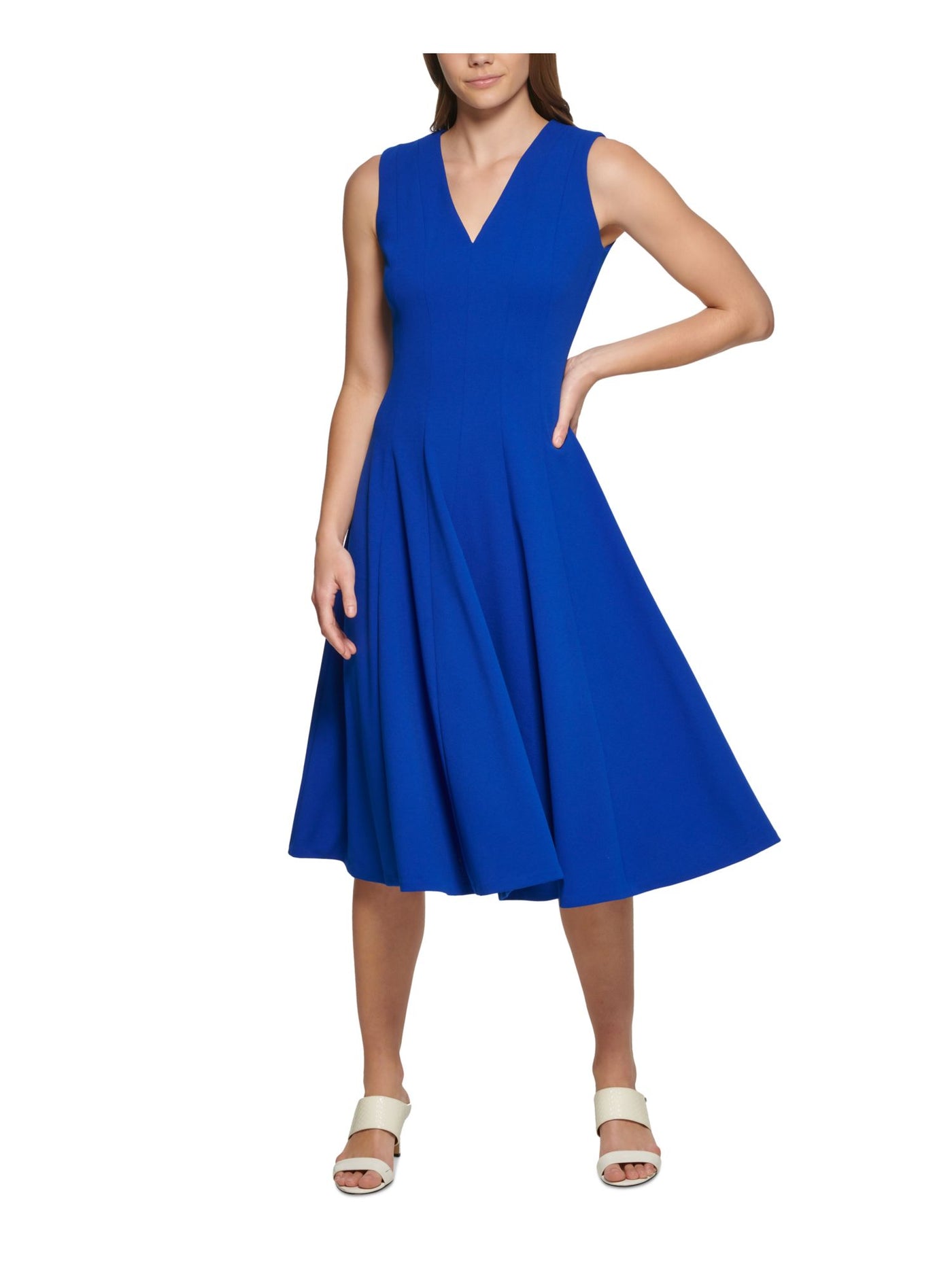 CALVIN KLEIN Womens Blue Zippered Sleeveless V Neck Midi Wear To Work Fit + Flare Dress Petites 4P