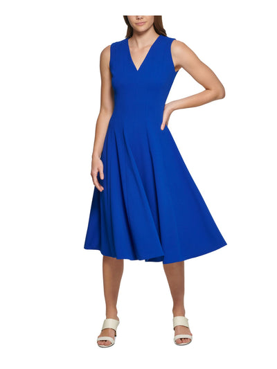 CALVIN KLEIN Womens Blue Zippered Sleeveless V Neck Midi Wear To Work Fit + Flare Dress Petites 4P