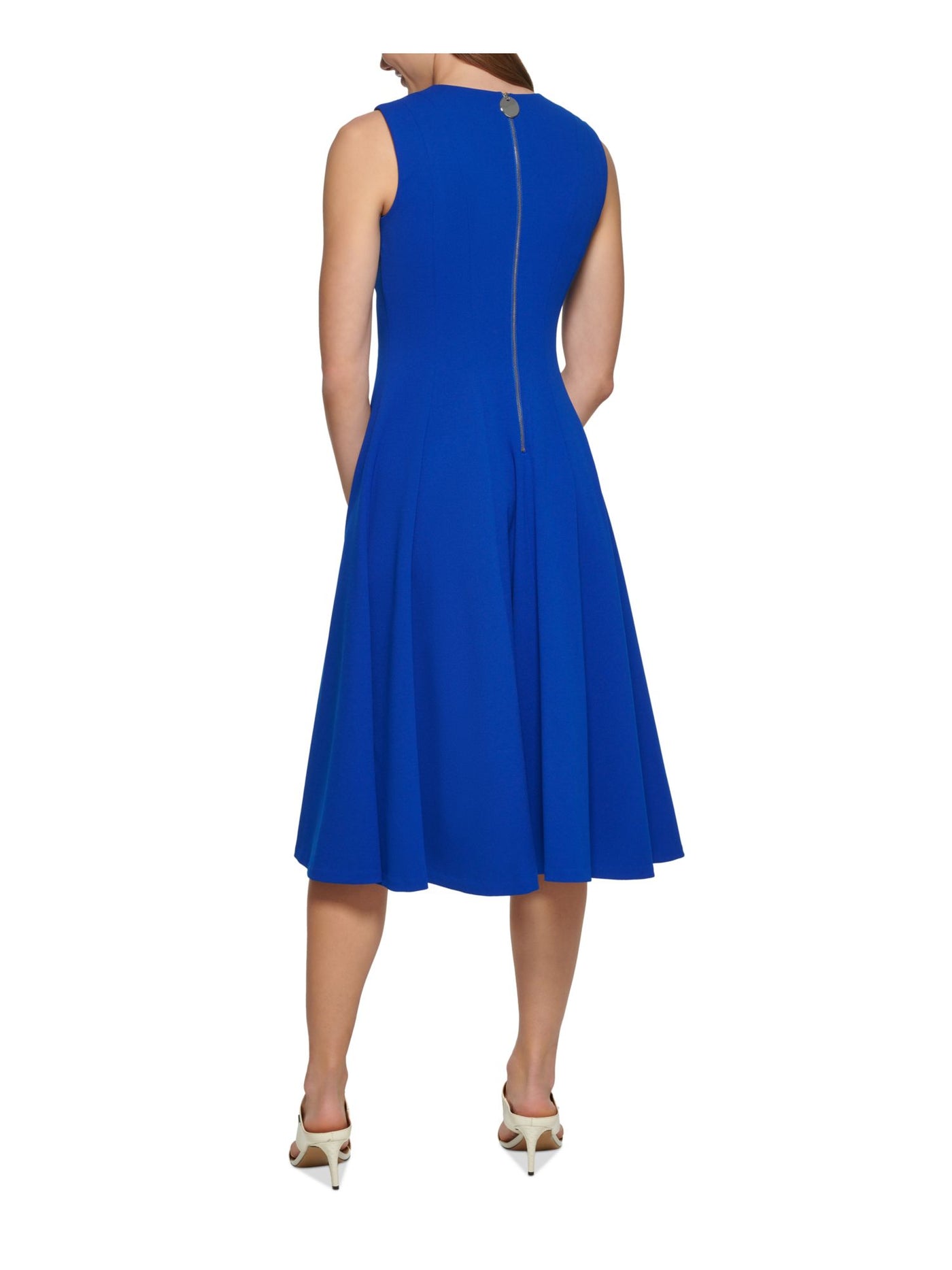 CALVIN KLEIN Womens Blue Zippered Sleeveless V Neck Midi Wear To Work Fit + Flare Dress Petites 4P