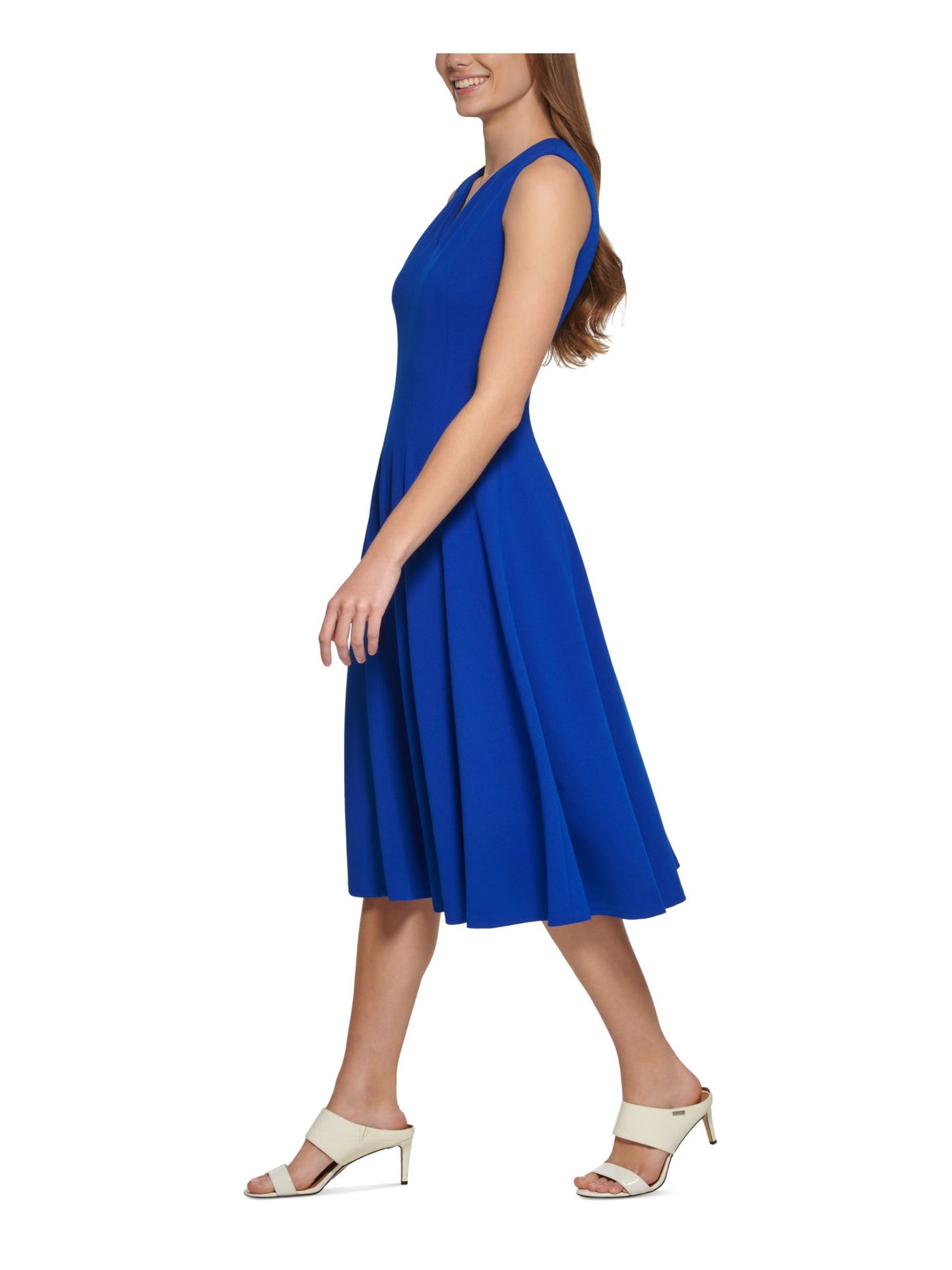 CALVIN KLEIN Womens Blue Zippered Sleeveless V Neck Midi Wear To Work Fit + Flare Dress Petites 4P