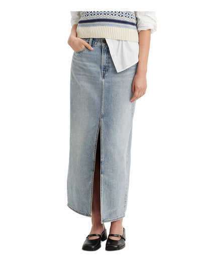 LEVI'S Womens Blue Zippered Pocketed Front Slit Frayed Hem Maxi Paneled Skirt 30