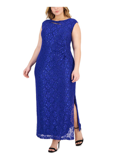 CONNECTED APPAREL Womens Blue Cut Out Zippered Slitted Lined Cap Sleeve Round Neck Maxi Evening Fit + Flare Dress Plus 14W