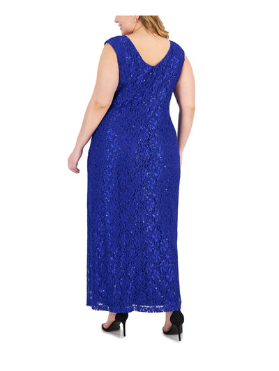 CONNECTED APPAREL Womens Blue Cut Out Zippered Slitted Lined Cap Sleeve Round Neck Maxi Evening Fit + Flare Dress Plus 14W